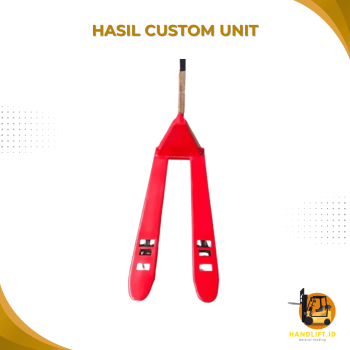 Hasil dari custom hand pallet dengan modifikasi width overall fork menjadi 550 cm atau short.