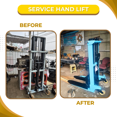 Beforr after service hand lift Bandung menunjukkan kondisi hand lift sebelum dan sesudah dilakukan perbaikan.